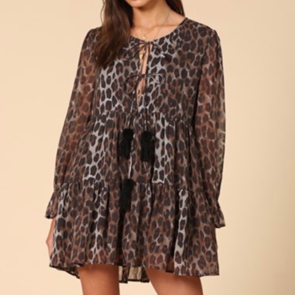 *NEW* LEOPARD PRINT RUFFLE HEM SHEER DRESS WITH FRONT TASSEL CLOSURE